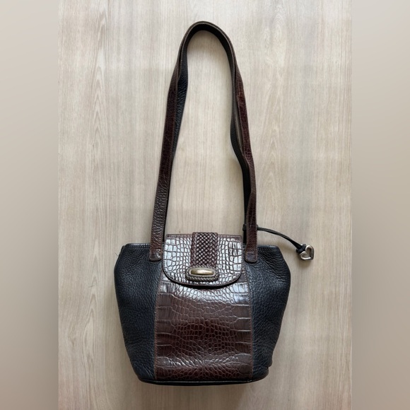 Brighton Handbags - Vtg Brighton Leather Handbag Purse Crossbody Shoulder Bag Black Moc Croc